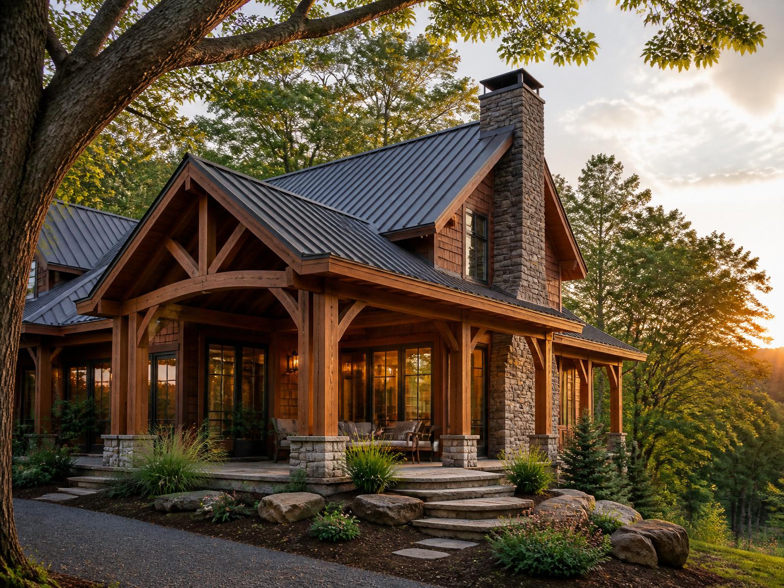 Custom timber-frame home exterior by Hearthstone Design Build at golden hour