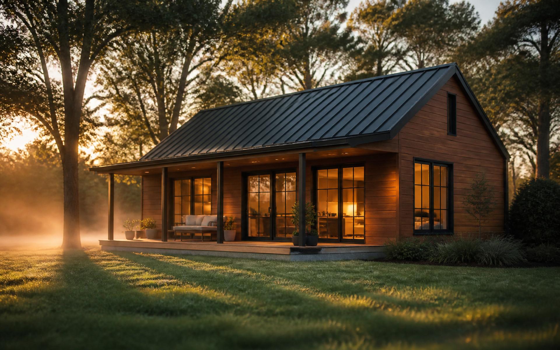 Modern warm-cedar backyard ADU cottage with deep porch at golden hour on a Virginia lot